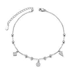 Platinum SHEGRACE Rhodium Plated 925 Sterling Silver Charm Anklet, with Grade AAA Cubic Zirconia, Rhombus & Flat Round & Triangle, Platinum, 8-1/4 inch(21cm), Charm: 3.6~7.1mm