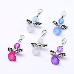 Mixed Color Synthetic Moonstone Pendants, with Acrylic Beads, Tibetan Style Alloy Beads and Zinc Alloy Lobster Claw Clasps, Angel, Mixed Color, 43~45mm