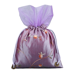 Púrpura Media Bolsas de flores con bordado de seda, bolsa con cordón, Rectángulo, púrpura medio, 25x16 cm