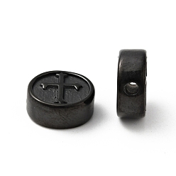Electrophoresis Black 304 Stainless Steel Beads, Flat Round with Cross, Electrophoresis Black, 10.5x4.5mm, Hole: 1.6mm