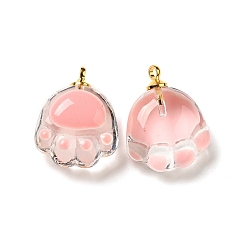 Pink Transparent Glass Pendants, with Golden Tone Alloy Loops and Enamel, Cat Paw, Pink, 18.5x14.5x7.5mm, Hole: 1.6mm