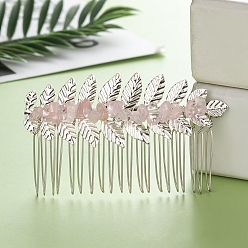 Rose Quartz Leaf Natural Rose Quartz Chips Hair Combs, with Iron Combs, Hair Accessories for Women Girls, 45x80x10mm