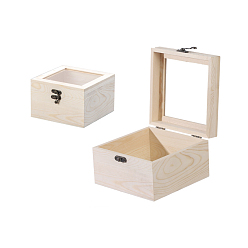 PapayaWhip Wooden Storage Boxes, with Clear Glass Flip Cover & Iron Clasp, Square, PapayaWhip, 15x15x10cm