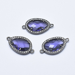 Mauve Brass Micro Pave Cubic Zirconia Links, with Glass, Faceted, Teardrop, Gunmetal, Mauve, 28x16x4.5mm, Hole: 1.6mm