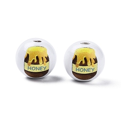 Food Bees Theme Printed Wooden Beads, Round,Yellow, Honey Jar, Food Pattern, 15.5~16x15mm, Hole: 3.5mm