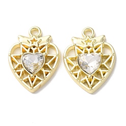 Clear Eco-Friendly Alloy Pendants, with Glass, Heart, Golden, Clear, 20x15x4mm, Hole: 1.6mm