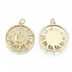 Real 16K Gold Plated Brass Pendants, with Jump Rings, Nickel Free, Sun with Moon, Real 16K Gold Plated, 24x22x3mm, Jump Ring: 5x0.8mm, 3.4mm inner diameter