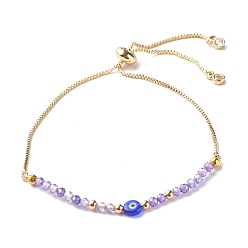 Medium Slate Blue Brass Slider Bracelets, with Cubic Zirconia Beads, Handmade Evil Eye Lampwork Flat Round Beads, Medium Slate Blue, Inner Diameter: 3/4~3-1/2 inch(2~8.9cm)