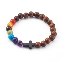 Coconut Brown Chakra Jewelry, Natural Wood Beaded Stretch Bracelets, with Natural & Synthetic Gemstone Beads, Round & Cross, Coconut Brown, Inner Diameter: 2-1/8~2-1/4 inch(5.3~5.6cm)