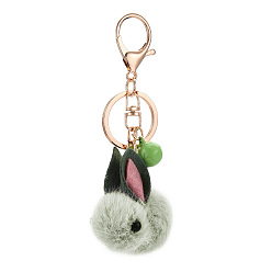 Rabbit Wool Felt Keychain, with Iron Key Rings & Lobster Claw Clasps & Bell, Rabbit Pattern, 5x6cm