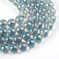 Turquoise Electroplate Glass Beads Strands, Rainbow Plated, Round, Turquoise, 9.5x10.5mm, Hole: 1.5mm, about 82pcs/strand, 29.9 inch
