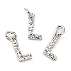 Real Platinum Plated Brass Micro Pave Grade AAA Cubic Zirconia Charms, Letter L, Cadmium Free & Nickel Free & Lead Free, Real Platinum Plated, 9x5x1.5mm, Hole: 2mm