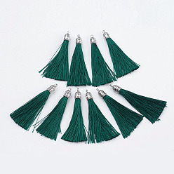 Vert Mer Nylon pompon grandes décorations pendantes, avec les accessoires en alliage d'argent antique, vert de mer, 55~67x7mm, Trou: 2mm