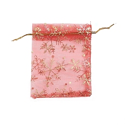 Rouge Sacs d'emballage d'organza imprimés de flocon de neige d'or, pour le festival de Noël, rectangle, rouge, 12x10 cm