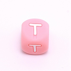 Letter T Силиконовые бусины с алфавитом для изготовления браслетов или ожерелий, стиль письма, розовый куб, letter.t, 12x12x12 мм, отверстие : 3 мм