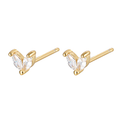 Clear Golden 925 Sterling Silver Micro Pave Cubic Zirconia Stud Earrings, Leaf, Clear, 5.5mm