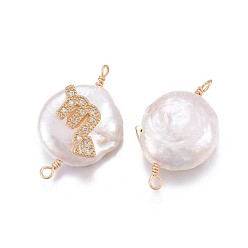 Scorpio Natural Pearl Links connectors, with Brass Micro Pave Cubic Zirconia Findings, Flat Round with Constellation, Golden, Clear, Scorpio, 20~26x9~17x5~11mm, Hole: 1.6mm