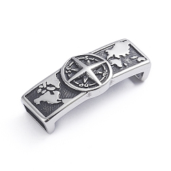 Antique Silver Retro 304 Stainless Steel Slide Charms/Slider Beads, for Leather Cord Bracelets Making, Rectangle with Compass, Antique Silver, 13x34x7mm, Hole: 4x8mm