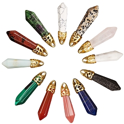 Mixed Stone 12Pcs 12 Style Bullet Natural Mixed Gemstone Pendants, with Golden Tone Brass Findings, 33~40x8~10mm, Hole: 3x2mm, 1pc/style