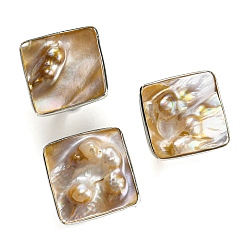 Square Freshwater Shell with Pearl Adjustable Finger Rings for Girl Women, Platinum Brass Rings, Square, 4mm, Inner Diameter: 18mm, Square: 34x34mm 