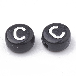 Letter C Opaque Acrylic Beads, Horizontal Hole, Alphabet Style, Flat Round, Letter.C, 7x4mm, Hole: 1.5mm, about 3700pcs/500g