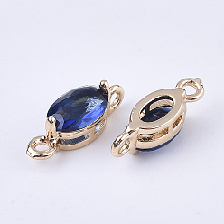 Medium Blue Transparent Glass Links connectors, with Brass Findings, Faceted, Oval, Light Gold, Medium Blue, 11x4x4mm, Hole: 1mm