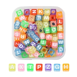 Mixed Color Transparent Acrylic Beads, Horizontal Hole, Cube with Random Mixed Letters, Mixed Color, 5.5~6x5.5~6x5.5~6mm, Hole: 3mm, 100pcs/box
