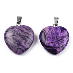 Dark Orchid Natural Map Stone Pendants, with Stainless Steel Color Tone Stainless Steel Snap On Bails, Heart Charm, Dyed & Heated, Dark Orchid, 22~22.5x20~20.5x6mm, Hole: 2.5x5mm