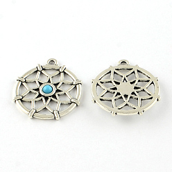 Antique Silver Filigree Flat Round Tibetan Style Alloy Synthetic Turquoise Pendants, Cadmium Free & Lead Free, Antique Silver, 29x30.5x2mm, Hole: 2mm