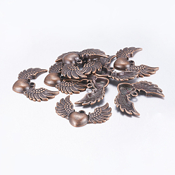 Red Copper Tibetan Style Alloy Pendants, Lead Free and Cadmium Free, Red Copper, Wing with Heart, 28.5x36.5x5mm, hole: 2.5mm, about 230pcs/kg