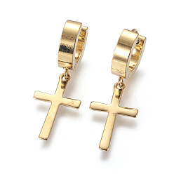Golden 304 Stainless Steel Hoop Earrings, Hypoallergenic Earrings, Cross, Golden, 34m, Pin: 1mmm