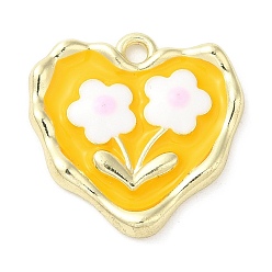 Jaune Pendentifs en émail , or, coeur avec breloque fleur, jaune, 18x18x3mm, Trou: 1.6mm