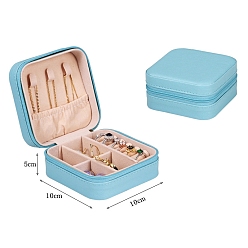 Light Blue PU Leather Jewelry Zipper Boxes, with Velvet Inside, for Rings, Necklaces, Earrings, Rings Storage, Square, Light Blue, 100x100x50mm