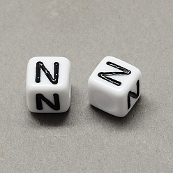 Letter N Grand trou acrylique lettre européenne perles, trou horizontal, blanc et noir, cube avec letter.n, 6x6x6mm, Trou: 4mm, environ2950 pcs / 500 g