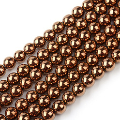 Plaqué Cuivre Non-magnétiques perles d'hématite synthétique brins, Grade a, ronde, cuivre plaqué, 6mm, trou: 1.5~2mm, environ 65~70 pcs/chapelet