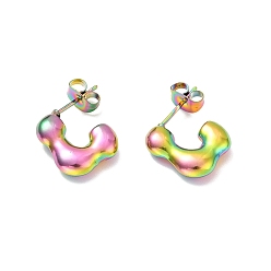 Rainbow Color Placage ionique (ip) 304 boucles d'oreilles rectangle en acier inoxydable, boucles d'oreilles demi-créoles pour femmes, couleur arc en ciel, 11x15x3.5mm, pin: 0.7 mm