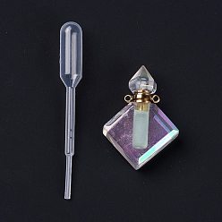 AB Color Plated Angel Aura Quartz, Faceted Natural Quartz Crystal Pendants, Openable Perfume Bottle, with Golden Tone Brass Findings and Plastic Dropper, Square, 36mm, Hole: 1.6mm, Capacity: 5ml(0.17fl. oz)
