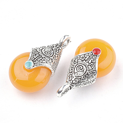 Orange Tibetan Style Resin Pendants, with Alloy & Enamel, teardrop, Antique Silver, Orange, 28x16x14mm, Hole: 2~3.5mm