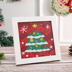 Christmas Tree DIY Diamond Painting Photo Frame Kits, including Sponge, Resin Rhinestones, Diamond Sticky Pen, Tray Plate and Glue Clay, Christmas Tree Pattern, 150x150mm