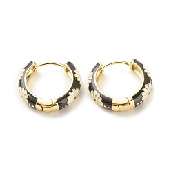 Black Daisy Flower Enamel Hoop Earrings, Gold Plated Brass Hinged Earrings for Women, Black, 20x22x5mm, Pin: 0.9mm