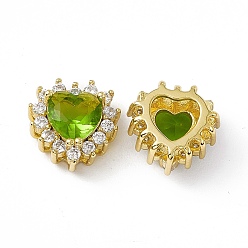 Lime Green Rack Plating Brass Micro Pave Cubic Zirconia Beads, with Glass, Real 18K Gold Plated, Long-Lasting Plated, Cadmium Free & Nickel Free & Lead Free, Heart, Lime Green, 10.5x10.5x6mm, Hole: 1.2~3.5x1.2~1.4mm