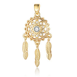 Real 18K Gold Plated Brass Micro Pave Cubic Zirconia Pendants, Woven Net/Web with Feather Charms, Real 18K Gold Plated, 26x14x2.4mm