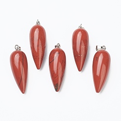 Piedra Roja Colgantes de jaspe rojo natural en punta, con fornituras de latón de platino, bala, 32~33x12 mm, agujero: 2.5x6 mm