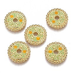 Light Green Brass Enamel Beads, Flat Round with Star & Yellow Star, Real 18K Gold Plated, Light Green, 15.6x2mm, Hole: 2.7mm