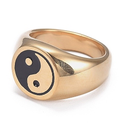Real 18K Gold Plated Ion Plating(IP) 304 Stainless Steel Finger Rings, Yin Yang Ring, with Enamel, Gossip, Real 18K Gold Plated, US Size 7(17.3mm)