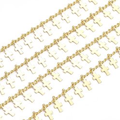 Настоящее золото 18K Латунные цепочки ручной работы, с перекрестными чарами и шпулей, пайки, долговечный, реальный 18 k позолоченный, ссылка: 3x2x1 мм, крест: 10x4x1.5 мм, около 32.8 футов (10 м) / рулон