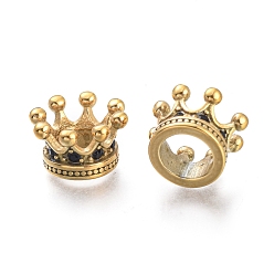 Doré  304 acier inoxydable perles européennes, Perles avec un grand trou   , avec des perles zircons, couronne, or, 11x7mm, Trou: 6mm