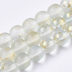 Azur Brins de perles de verre peintes à la bombe givrée, avec une feuille d'or, ronde, azur, 8~9mm, Trou: 1.2~1.5mm, Environ 46~56 pcs/chapelet, 14.37 pouces ~ 16.3 pouces (36.5~41.4 cm)
