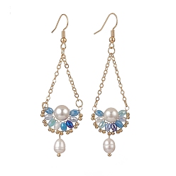 Deep Sky Blue Natural Pearl & Glass Teardrop with Flower Dangle Earrings, Golden Brass Jewelry for Women, Deep Sky Blue, 74mm, Pin: 0.5mm