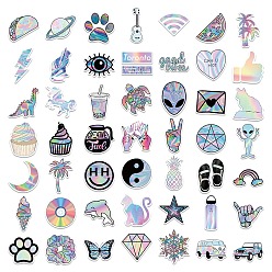 Colorful 50Pcs Holographic Laser Style Cartoon Paper Sticker Label Set, Adhesive Label Stickers, for Suitcase & Skateboard & Refigerator Decor, Colorful, 24~70x34~81x0.2mm
